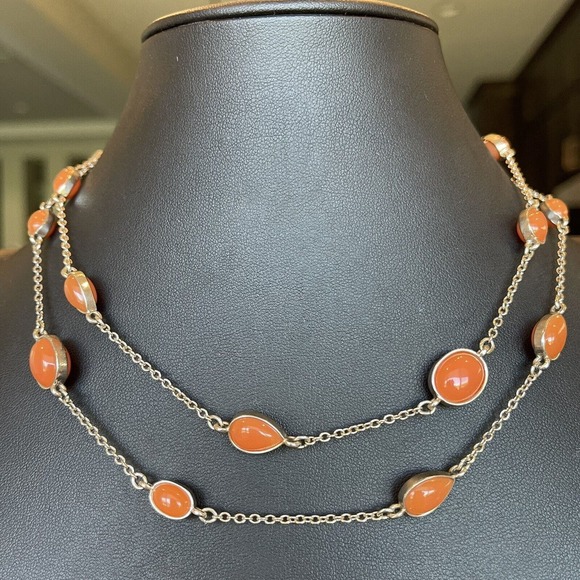 Banana Republic Orange & Silver Tone Cabochon Beaded Station Necklace Plastic - Picture 1 of 4